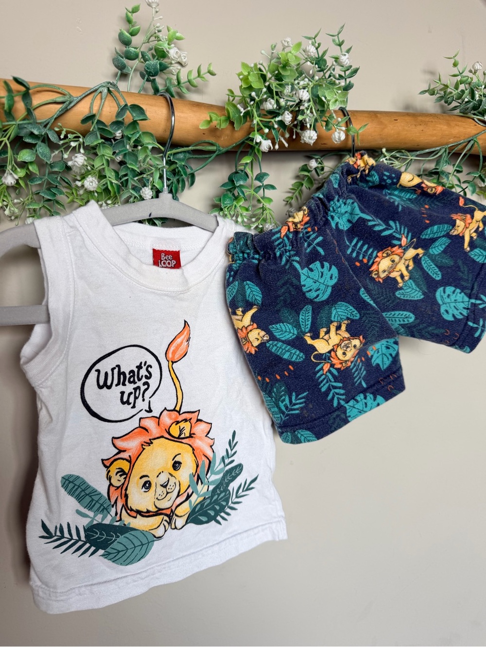 Kids White Lion Tank Top & Navy Jungle Shorts Matching Set